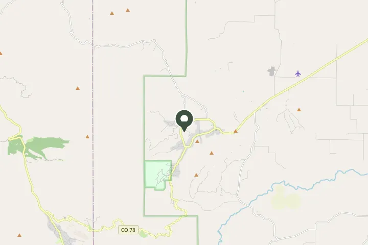 Map showing Beulah, Colorado in the hills of Pueblo County, Colorado